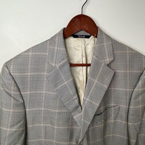 Faconnable Wool Silk Windowpane Houndstooth Blazer Tan Navy Green Men’s Sz 42L - Picture 3 of 13